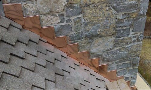 Brand new chimney flashing with brand new shingles around it.